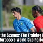 Morocco national team players participating in high-intensity training sessions, fitness drills, tactical exercises, and recovery programs in preparation for international competition.