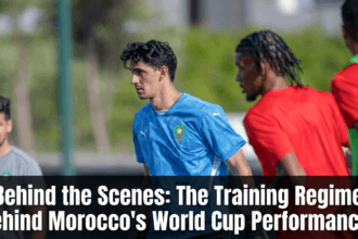 Morocco national team players participating in high-intensity training sessions, fitness drills, tactical exercises, and recovery programs in preparation for international competition.