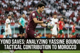 Morocco goalkeeper Yassine Bounou organizing his defense, distributing the ball from the back, and contributing tactically during an international match for the Atlas Lions.