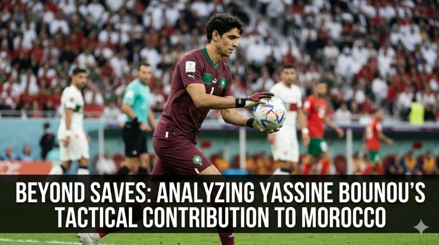Morocco goalkeeper Yassine Bounou organizing his defense, distributing the ball from the back, and contributing tactically during an international match for the Atlas Lions.