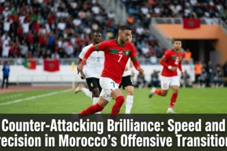 Morocco national team players launching a rapid counter-attack, sprinting forward with speed and precision after winning possession during an international football match.