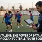Football scouts and analysts reviewing performance data from young Moroccan players on digital dashboards, using advanced analytics to identify future football talent.