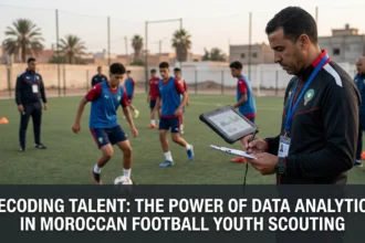 Football scouts and analysts reviewing performance data from young Moroccan players on digital dashboards, using advanced analytics to identify future football talent.