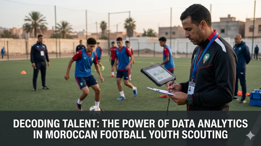Football scouts and analysts reviewing performance data from young Moroccan players on digital dashboards, using advanced analytics to identify future football talent.