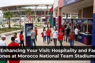 Morocco national team stadium fan zone filled with supporters, entertainment activities, food stalls, and premium hospitality areas during an Atlas Lions match day.