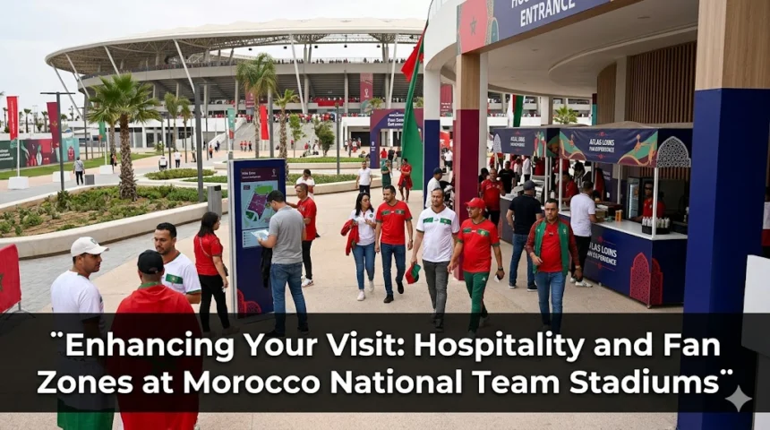 Morocco national team stadium fan zone filled with supporters, entertainment activities, food stalls, and premium hospitality areas during an Atlas Lions match day.