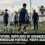 Young Moroccan football academy players training with advanced equipment, including smart tracking technology, agility tools, and modern coaching aids designed to enhance player development.