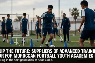 Young Moroccan football academy players training with advanced equipment, including smart tracking technology, agility tools, and modern coaching aids designed to enhance player development.