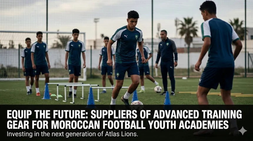 Young Moroccan football academy players training with advanced equipment, including smart tracking technology, agility tools, and modern coaching aids designed to enhance player development.