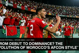 Morocco national team players from different generations of AFCON competition, illustrating the evolution of the Atlas Lions' playing style from their tournament debut to the modern era.