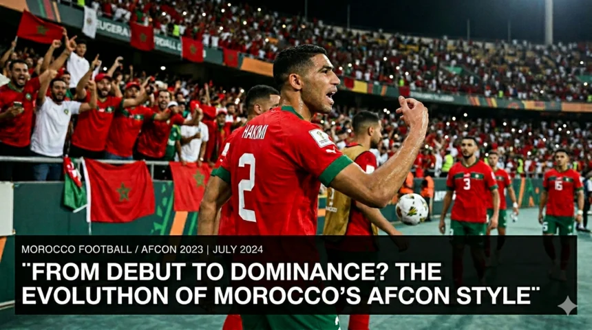 Morocco national team players from different generations of AFCON competition, illustrating the evolution of the Atlas Lions' playing style from their tournament debut to the modern era.