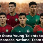Young Morocco national team footballers training and celebrating together, showcasing the next generation of Atlas Lions talent poised to make an impact on the international stage.