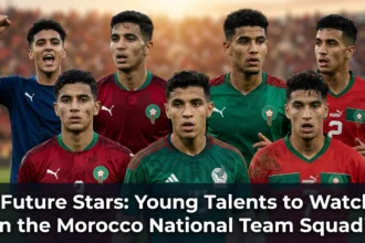 Young Morocco national team footballers training and celebrating together, showcasing the next generation of Atlas Lions talent poised to make an impact on the international stage.