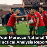 Football analysts reviewing Morocco national team tactics on digital screens, examining formations, player movements, pressing patterns, and match strategies used by the Atlas Lions.