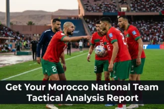 Football analysts reviewing Morocco national team tactics on digital screens, examining formations, player movements, pressing patterns, and match strategies used by the Atlas Lions.