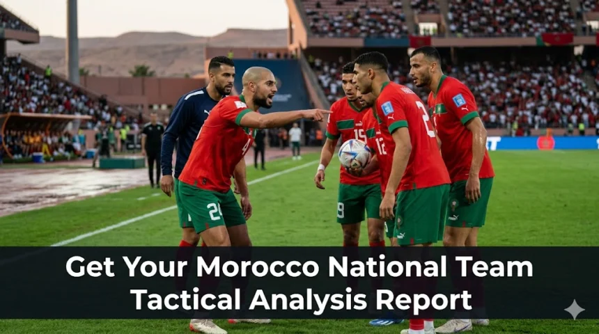 Football analysts reviewing Morocco national team tactics on digital screens, examining formations, player movements, pressing patterns, and match strategies used by the Atlas Lions.