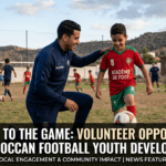 Volunteers assisting young football players at a Moroccan youth academy, helping with coaching, event organization, and player development activities on a football training field.