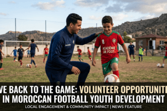 Volunteers assisting young football players at a Moroccan youth academy, helping with coaching, event organization, and player development activities on a football training field.