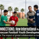 Young Moroccan football players training alongside international coaches and participating in exchange programs, highlighting the benefits of global partnerships in youth football development.