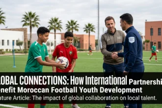 Young Moroccan football players training alongside international coaches and participating in exchange programs, highlighting the benefits of global partnerships in youth football development.
