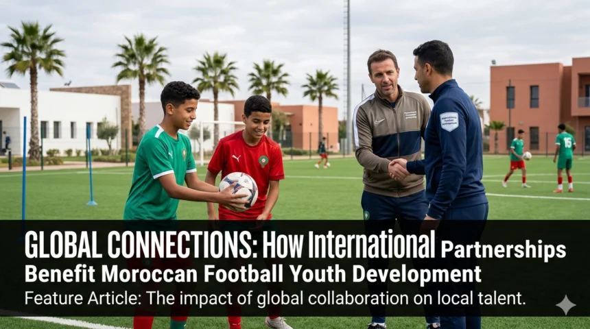 Young Moroccan football players training alongside international coaches and participating in exchange programs, highlighting the benefits of global partnerships in youth football development.