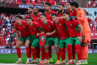 Morocco national team forwards celebrating a goal during an international match, highlighting the attacking talent and goal-scoring ability of the Atlas Lions.