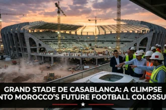 Grand Stade de Casablanca under development in Morocco, showcasing a futuristic football stadium design set to become one of the largest and most advanced sporting venues in the world.