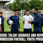 Young Moroccan football players meeting with sports agents and talent representatives, discussing career development, professional contracts, and opportunities in domestic and international football.