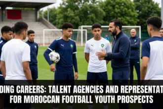 Young Moroccan football players meeting with sports agents and talent representatives, discussing career development, professional contracts, and opportunities in domestic and international football.
