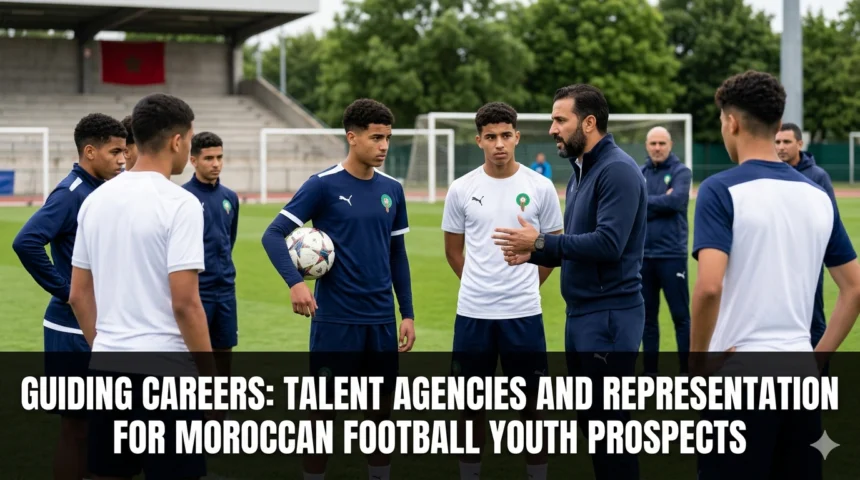 Young Moroccan football players meeting with sports agents and talent representatives, discussing career development, professional contracts, and opportunities in domestic and international football.