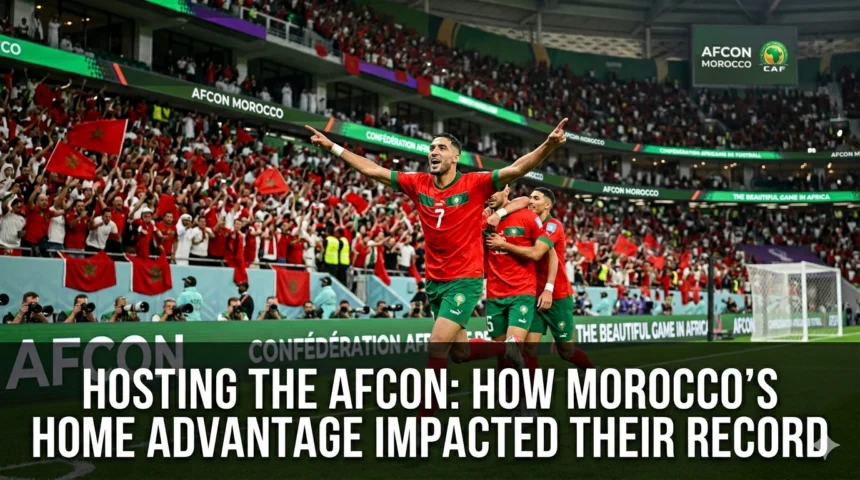 Morocco national team playing in front of a packed home crowd during the Africa Cup of Nations, with passionate supporters creating a powerful home-field atmosphere.