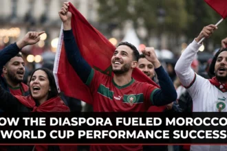 Morocco national team players from diverse international backgrounds celebrating together during the FIFA World Cup, highlighting the contribution of the Moroccan diaspora to the Atlas Lions' success.