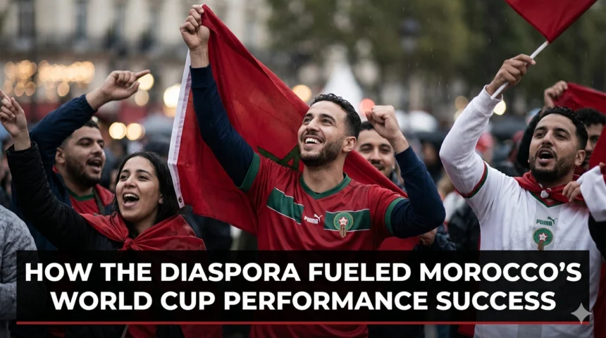 Morocco national team players from diverse international backgrounds celebrating together during the FIFA World Cup, highlighting the contribution of the Moroccan diaspora to the Atlas Lions' success.