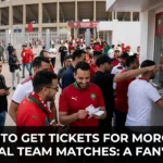 Morocco national team supporters purchasing match tickets online and entering a stadium to watch the Atlas Lions, with fans wearing red and waving Moroccan flags.