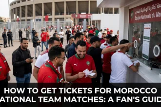 Morocco national team supporters purchasing match tickets online and entering a stadium to watch the Atlas Lions, with fans wearing red and waving Moroccan flags.