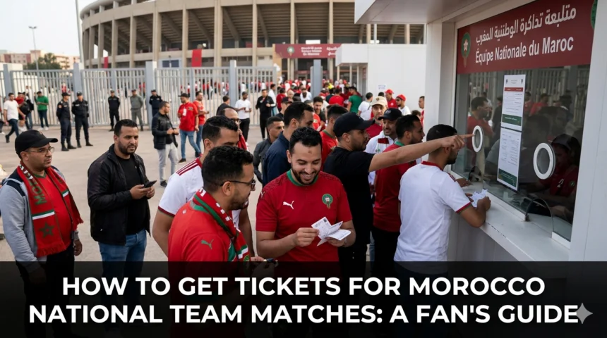 Morocco national team supporters purchasing match tickets online and entering a stadium to watch the Atlas Lions, with fans wearing red and waving Moroccan flags.