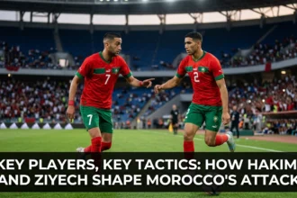 Achraf Hakimi and Hakim Ziyech combining in attack for Morocco, using pace, creativity, overlapping runs, and precise crossing to create scoring opportunities for the Atlas Lions.