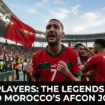 Legendary Morocco national team players from different generations celebrating success at the Africa Cup of Nations, representing the stars who shaped the Atlas Lions' continental legacy.