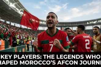 Legendary Morocco national team players from different generations celebrating success at the Africa Cup of Nations, representing the stars who shaped the Atlas Lions' continental legacy.