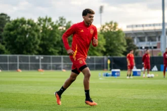 Lamine Yamal in action for Spain national football team, carrying the hopes of a nation as one of football's brightest young talents on the road to the World Cup.