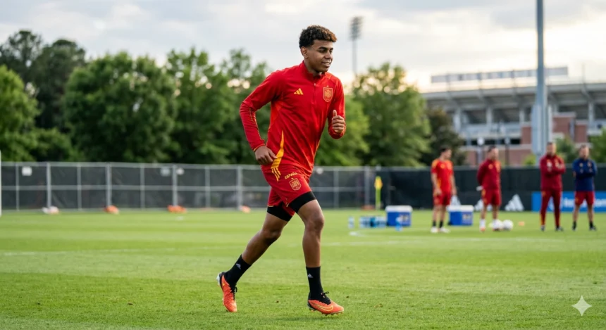 Lamine Yamal in action for Spain national football team, carrying the hopes of a nation as one of football's brightest young talents on the road to the World Cup.