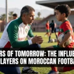 Former Moroccan football stars mentoring young academy players during a training session, sharing experience, leadership, and professional guidance with the next generation.