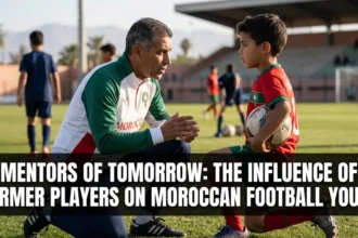 Former Moroccan football stars mentoring young academy players during a training session, sharing experience, leadership, and professional guidance with the next generation.