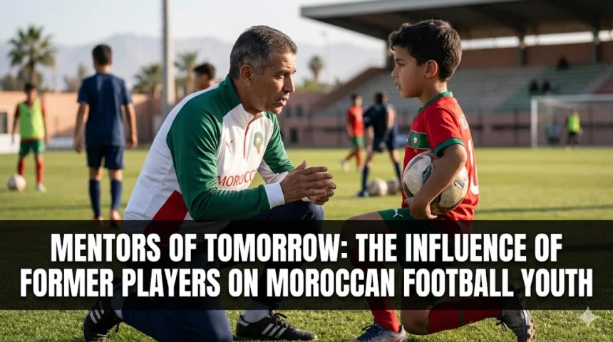 Former Moroccan football stars mentoring young academy players during a training session, sharing experience, leadership, and professional guidance with the next generation.