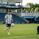 Lionel Messi receiving medical attention after appearing to suffer a hamstring issue during a match, raising concerns for Argentina national football team ahead of a major World Cup fixture.