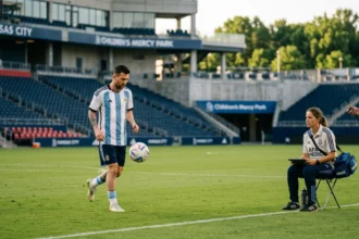Lionel Messi receiving medical attention after appearing to suffer a hamstring issue during a match, raising concerns for Argentina national football team ahead of a major World Cup fixture.