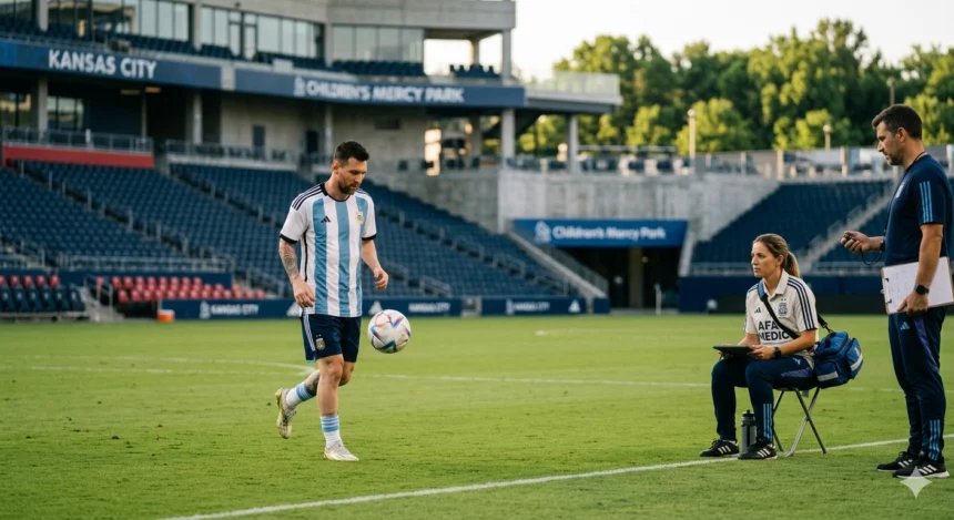 Lionel Messi receiving medical attention after appearing to suffer a hamstring issue during a match, raising concerns for Argentina national football team ahead of a major World Cup fixture.