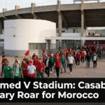 Mohammed V Stadium in Casablanca packed with passionate Moroccan football fans, creating an electrifying atmosphere during a Morocco national team match.