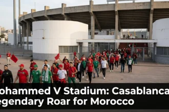 Mohammed V Stadium in Casablanca packed with passionate Moroccan football fans, creating an electrifying atmosphere during a Morocco national team match.