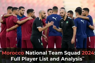 Morocco national team squad posing before an international match in 2024, featuring a blend of experienced stars and emerging talents representing the Atlas Lions.